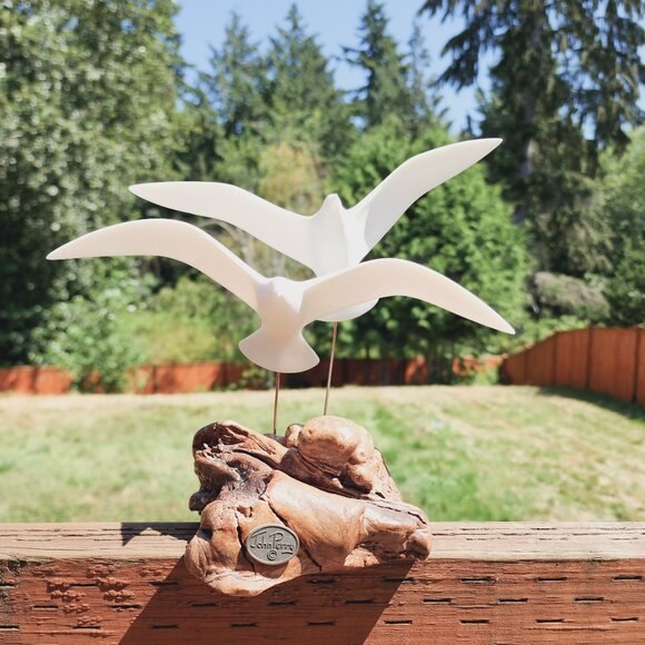 John Perry 2 SEAGULLS IN FLIGHT Polymer Sculpture on Burl-wood Base MCM Danish - Picture 1 of 16